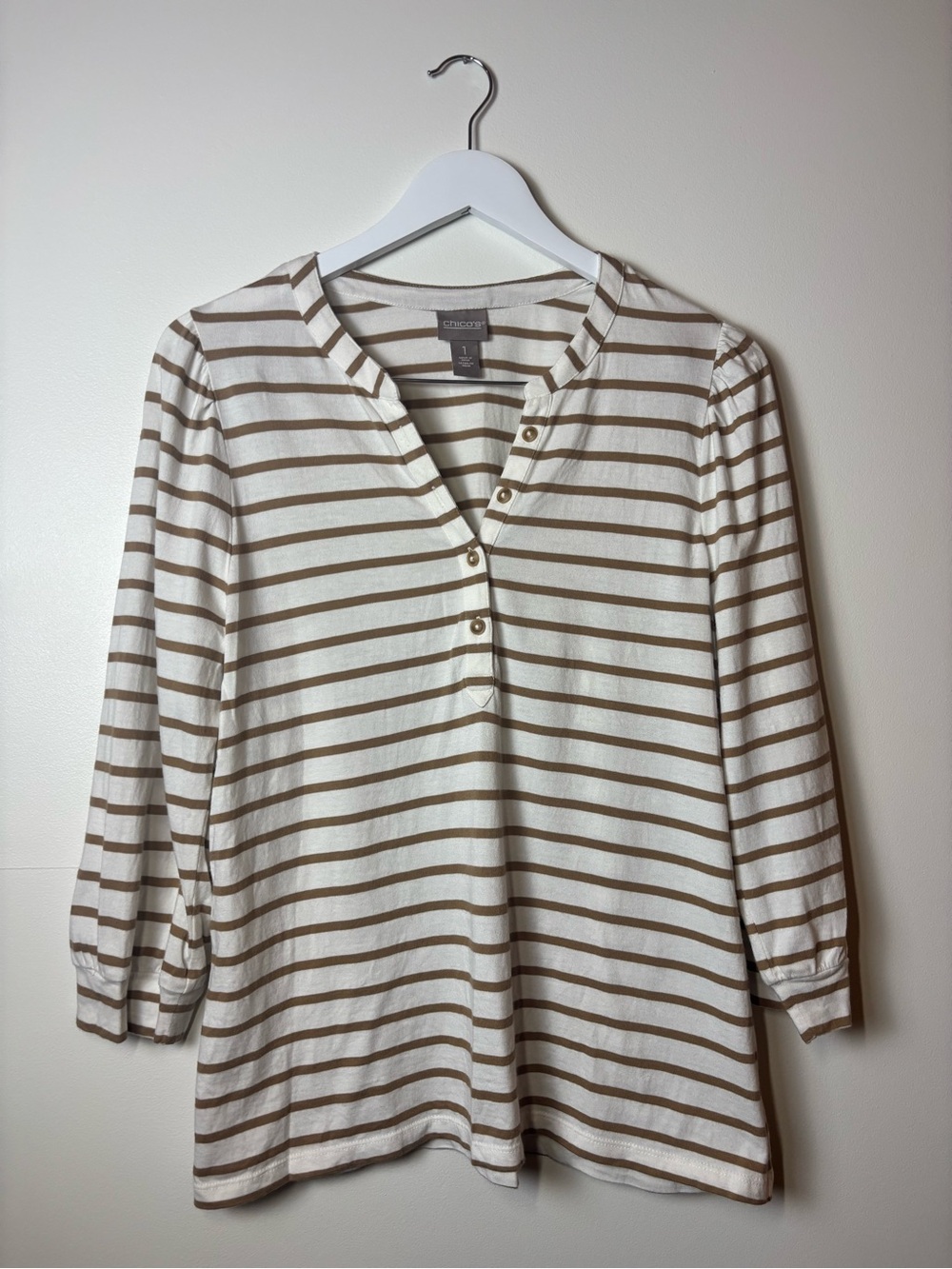 Chico's Cream & Tan Striped Henley Pullover, size 1